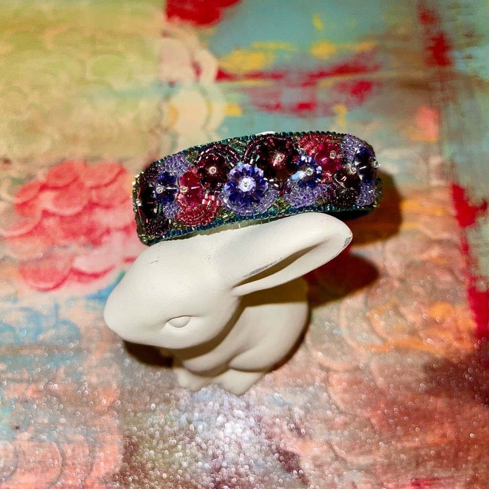 Handmade Glass Seed Bead and Gem Cuff Bracelet.